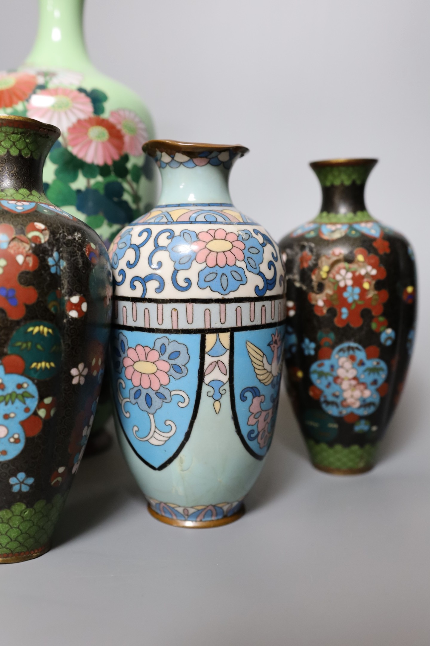 Assorted Japanese Meiji cloisonne vases, tallest 30cm